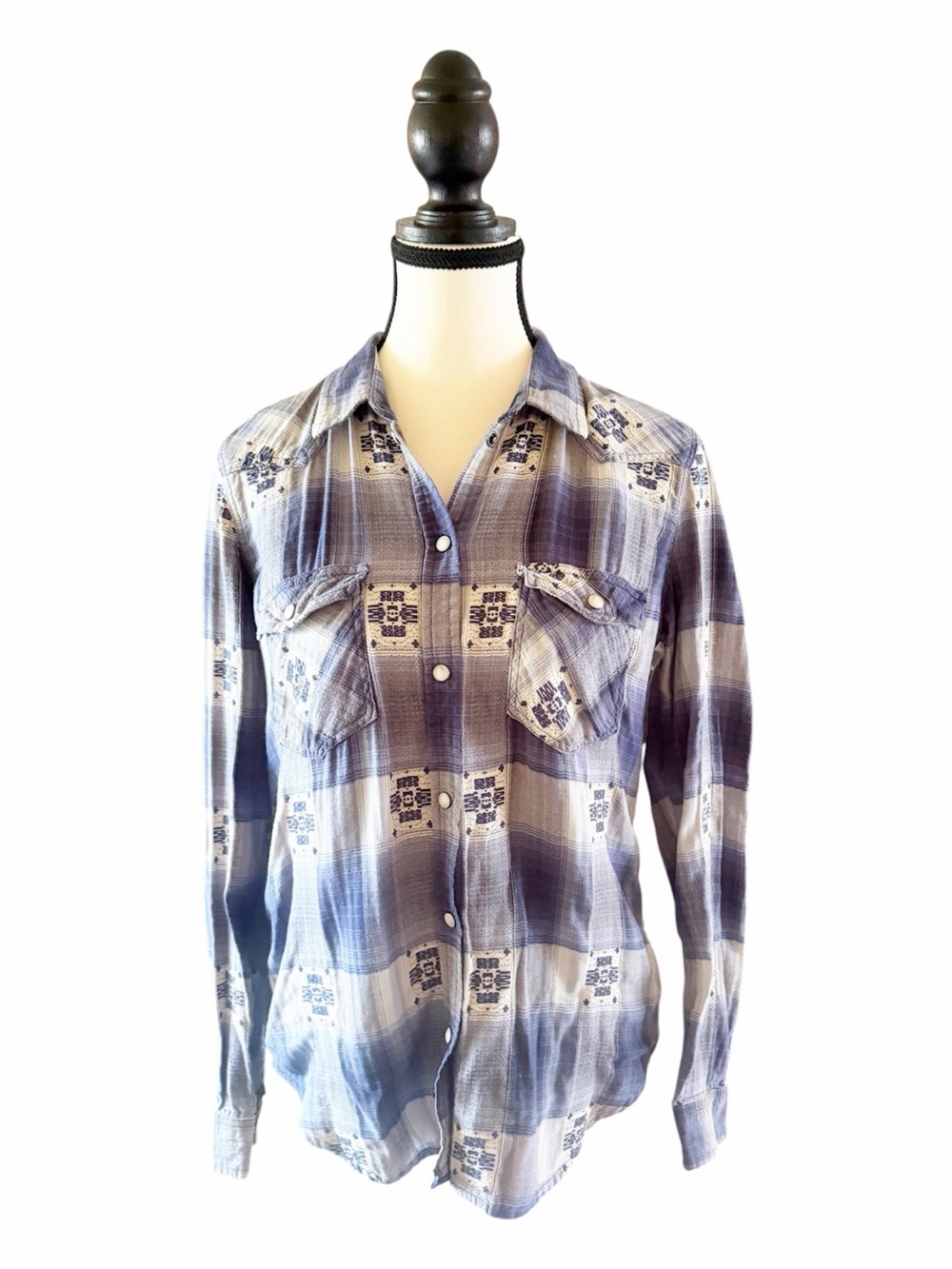 American Eagle Outfitters Blue and White Plaid Pearl Snap Western Shirt Small